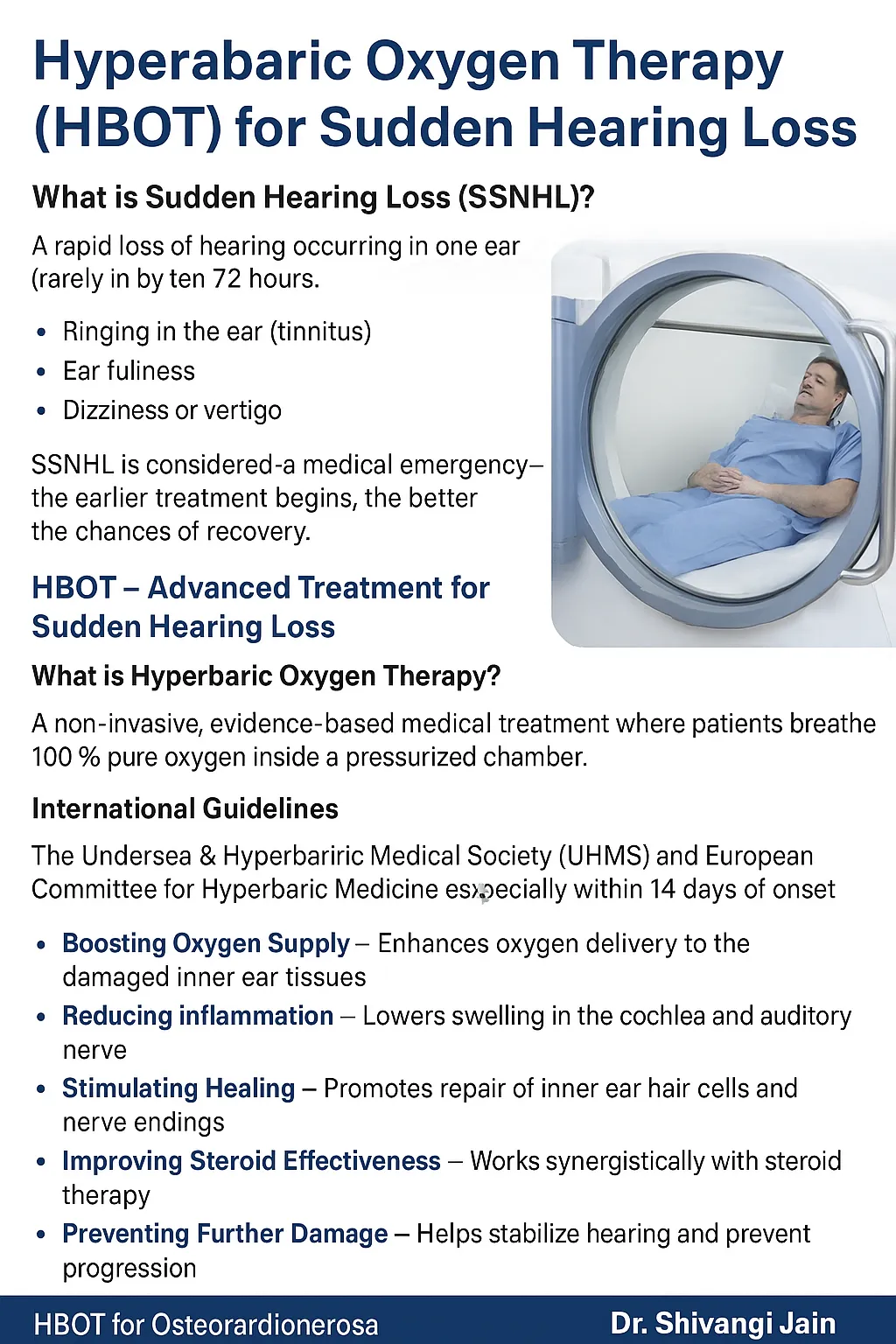 Medical infographic on Hyperbaric Oxygen Therapy (HBOT) for Sudden Hearing Loss (SSNHL), showing symptoms like tinnitus, ear fullness, and dizziness, with a patient receiving treatment in a mono-place HBOT chamber.