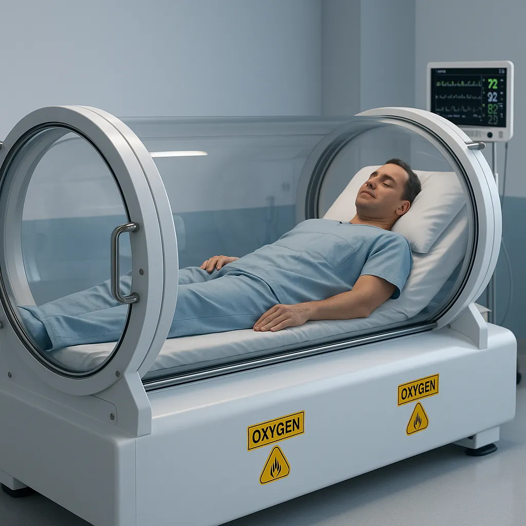 Patient resting inside a transparent HBOT chamber for wound healing therapy