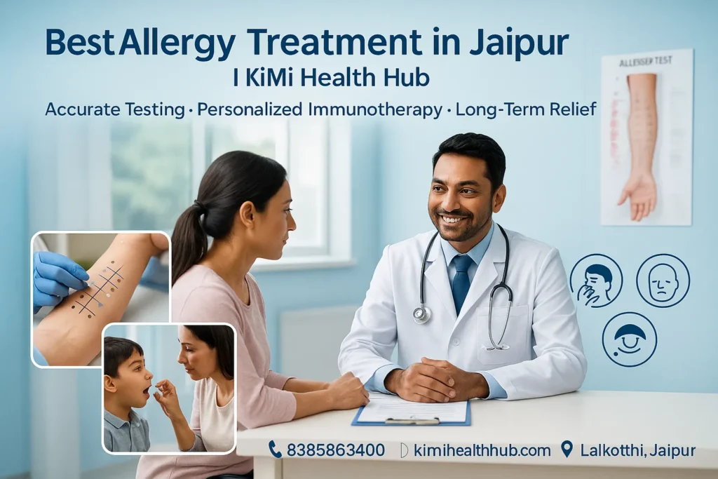 Allergy specialist in Jaipur consulting a patient at KiMi Health Hub, showing allergy testing, sublingual immunotherapy, and long-term relief for allergies.