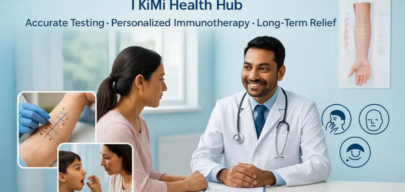 Allergy specialist in Jaipur consulting a patient at KiMi Health Hub, showing allergy testing, sublingual immunotherapy, and long-term relief for allergies.