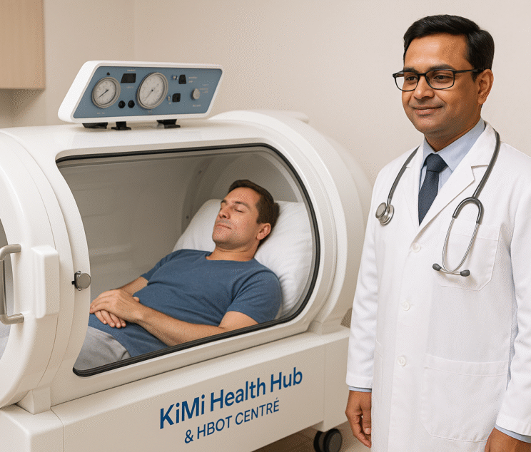 Patient inside HBOT chamber at KiMi Health Hub Jaipur receiving doctor-supervised hyperbaric oxygen therapy.