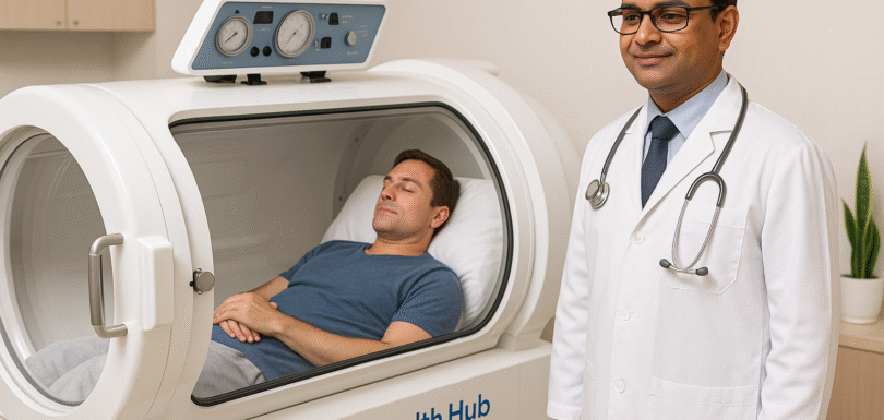 Patient inside HBOT chamber at KiMi Health Hub Jaipur receiving doctor-supervised hyperbaric oxygen therapy.