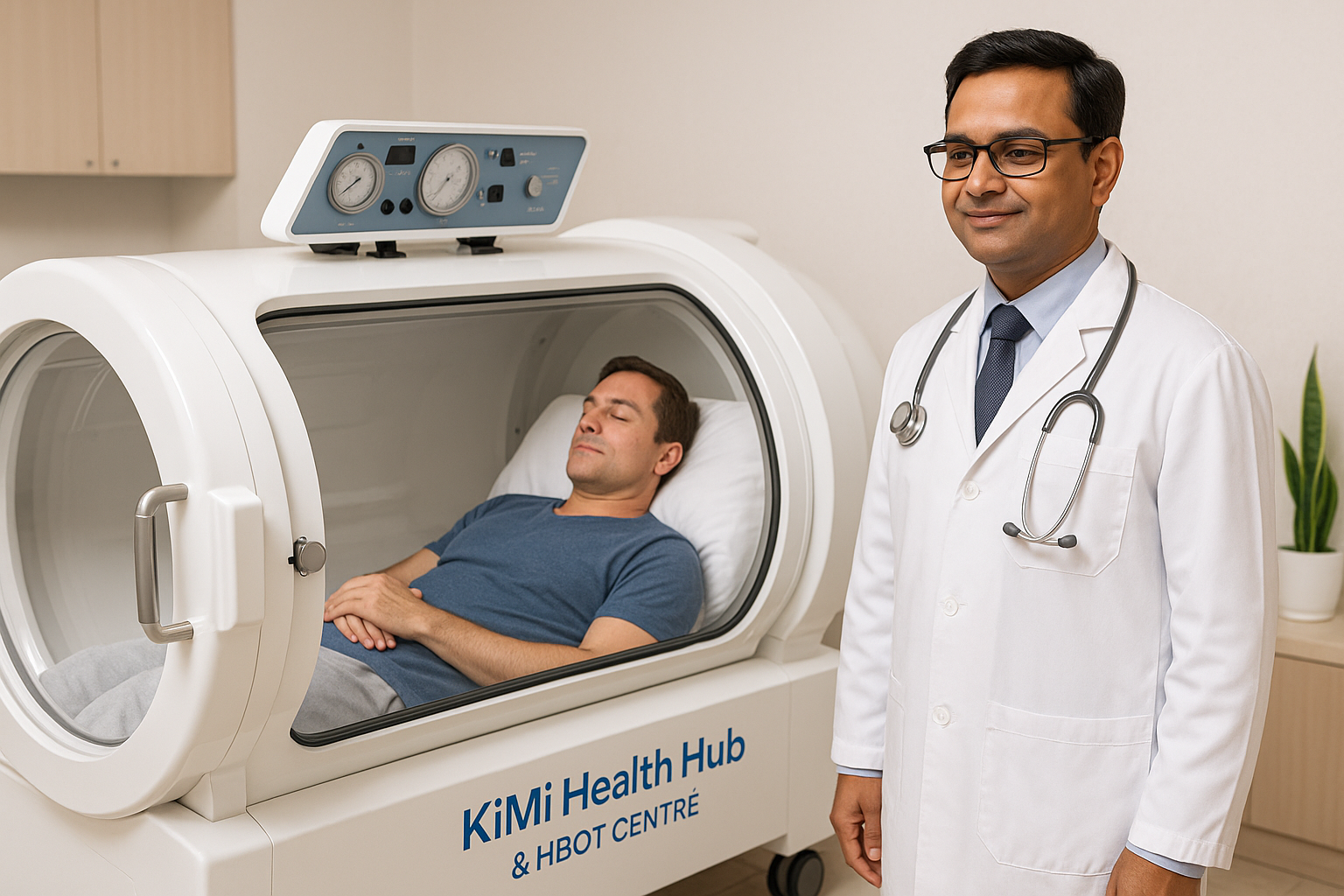Patient inside HBOT chamber at KiMi Health Hub Jaipur receiving doctor-supervised hyperbaric oxygen therapy.