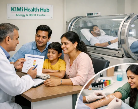 Doctor explaining allergy test results while allergy testing and HBOT therapy are provided at KiMi Health Hub in Jaipur.