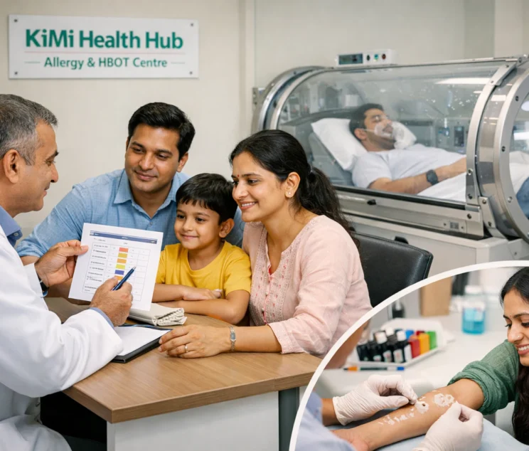 Doctor explaining allergy test results while allergy testing and HBOT therapy are provided at KiMi Health Hub in Jaipur.